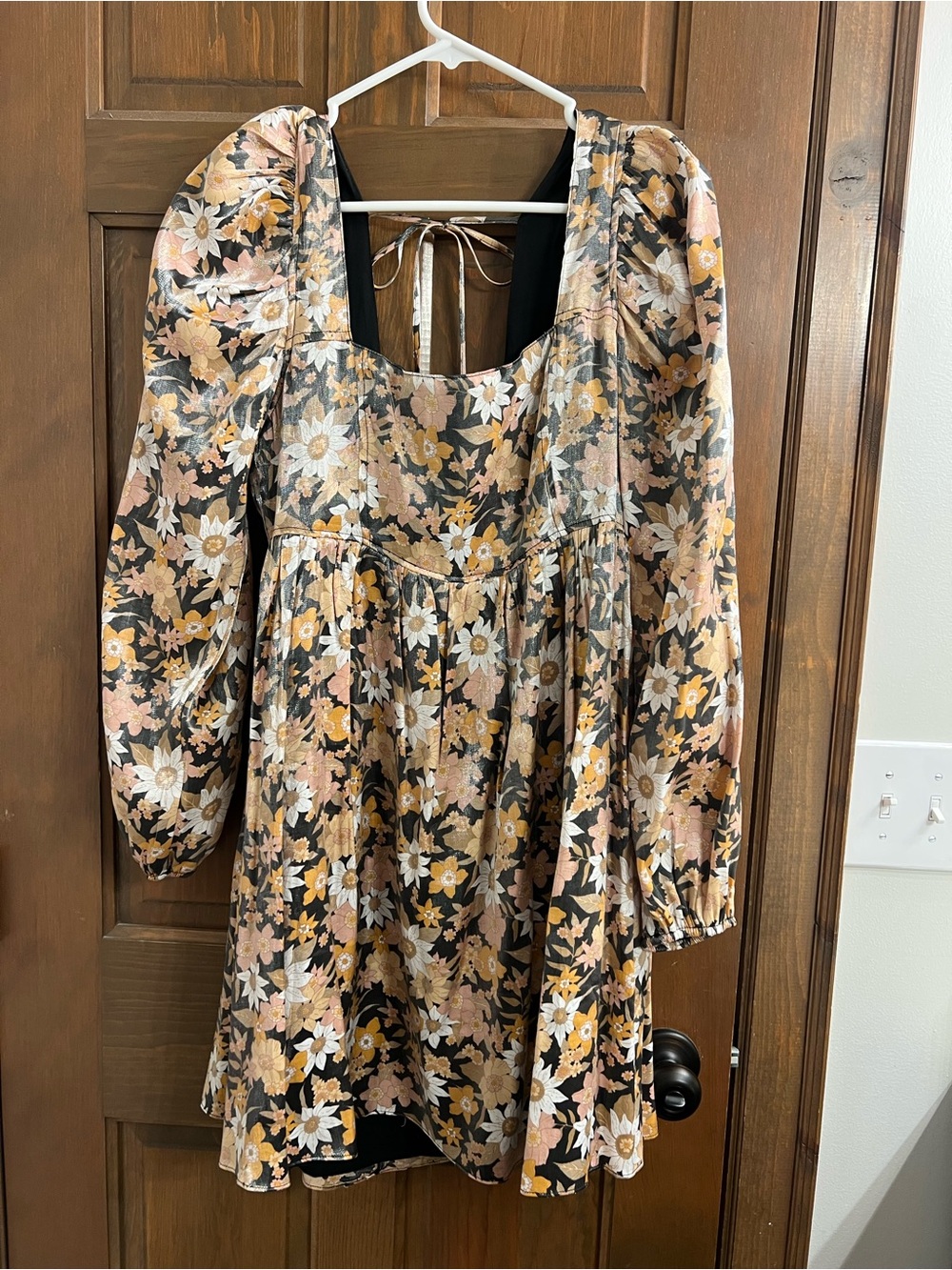 Long Sleeve Black Floral Mini Dress with Pink and Mustard Accents